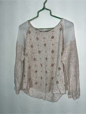 Beautiful MISS ME Open Knit Embellished Rhinestone Pullover Lightweight Sweater